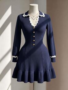 Fine & Folde Women's Colorblock Wavy Ruffle Knit Dress, Autumn Vintage Lapel Single-Breasted Cinched Waist Ruffle Long Sleeve Short Dress - Navy Blue - View 5