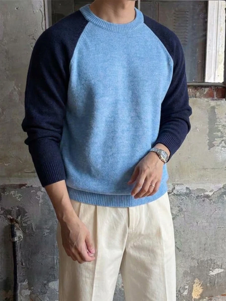Marcello Vane Men's Autumn/Winter Contrast Color Raglan Long Sleeve Casual Sweater, Old Money - Blue - View 1