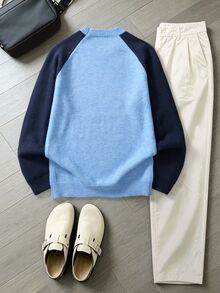 Marcello Vane Men's Autumn/Winter Contrast Color Raglan Long Sleeve Casual Sweater, Old Money - Blue - View 2