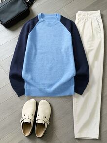 Marcello Vane Men's Autumn/Winter Contrast Color Raglan Long Sleeve Casual Sweater, Old Money - Blue - View 3