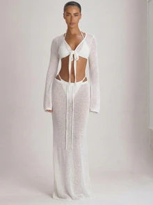 Musera Resort Knit Flared Sleeve Tie Front Cropped Cover Up Top Fall Autumn Winter Christmas Thanksgiving - White - View 5