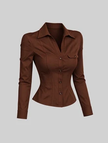 Sweetra Women's Solid Color Casual Versatile Daily Wear Shirt - Burgundy - View 1