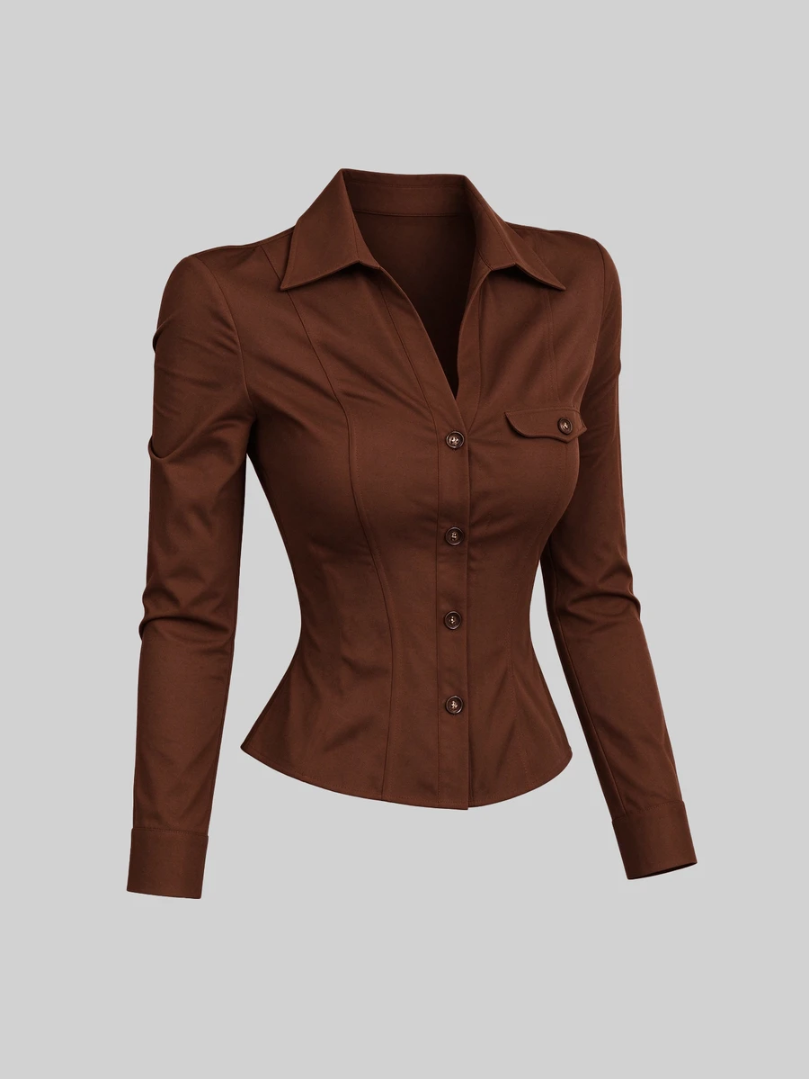 Sweetra Women's Solid Color Casual Versatile Daily Wear Shirt - Burgundy - View 1