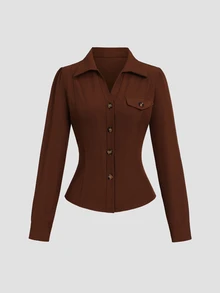 Sweetra Women's Solid Color Casual Versatile Daily Wear Shirt - Burgundy - View 3