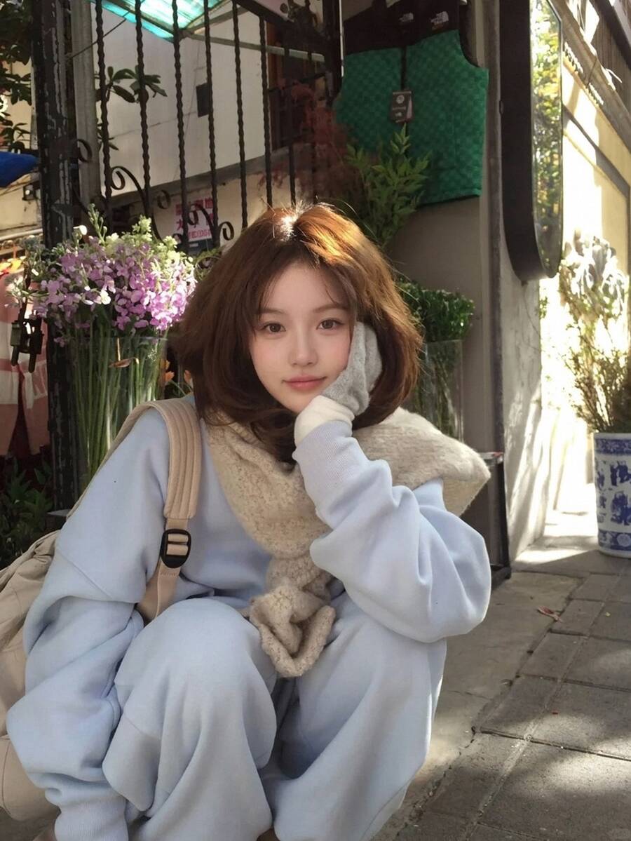 DAZY 女款純色長袖上衣與長褲休閒日常兩件套 - 藍色 - 查看 1