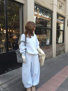 DAZY Women's Solid Color Long Sleeve Top And Pants Casual Daily 2 Pieces Set - Blue - View 3