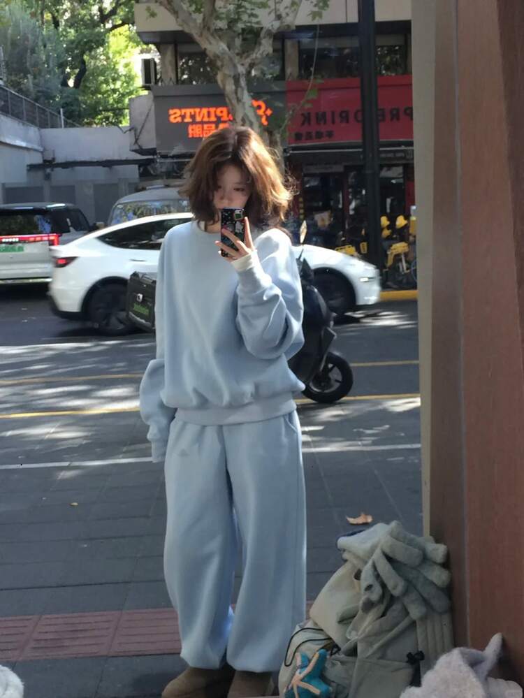 DAZY 女款純色長袖上衣與長褲休閒日常兩件套 - 藍色 - 查看 2