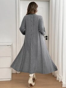 SHEIN LUNE Women's Autumn New Arrival Single Piece Classic Rope Pattern Hem Perforated Loose Mid-Length Casual Slouchy Versatile Daily Commute Cardigan Top - Grey - View 2