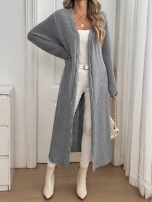 SHEIN LUNE Women's Autumn New Arrival Single Piece Classic Rope Pattern Hem Perforated Loose Mid-Length Casual Slouchy Versatile Daily Commute Cardigan Top - Grey - View 1
