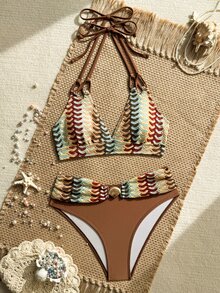 SHEIN Swim Spring/Summer Fashion Hot-Selling Women's Vacation Beach Fabric & Accessory Design Two-Piece Bikini Set - Multicolor - View 8