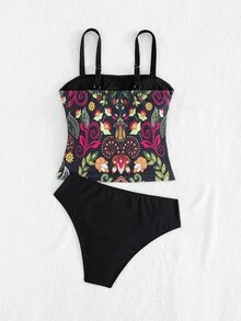 SHEIN Swim Women's Elegant Spaghetti Strap Printed Bikini Top, Bohemian Style Suitable For Summer Beach Vacation - Black - View 3