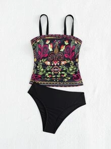 SHEIN Swim Women's Elegant Spaghetti Strap Printed Bikini Top, Bohemian Style Suitable For Summer Beach Vacation - Black - View 7