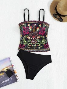 SHEIN Swim Women's Elegant Spaghetti Strap Printed Bikini Top, Bohemian Style Suitable For Summer Beach Vacation - Black - View 4