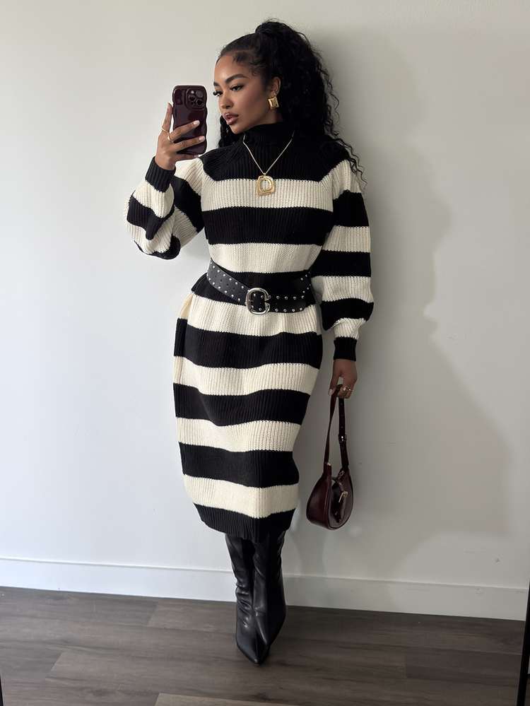 Penseblé Women's High Neck Black & White Striped Knit Dress, Loose Slouchy Long Over-The-Knee Straight Sweater Dress For Autumn/Winter - Black and White - View 6