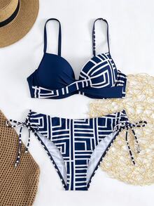 SHEIN Swim Women's Summer Beach Geometric Print Spaghetti Strap Bikini And Triangle Bottom Two-Piece Swimwear Set - Multicolor - View 5
