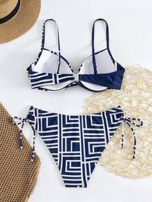 SHEIN Swim Women's Summer Beach Geometric Print Spaghetti Strap Bikini And Triangle Bottom Two-Piece Swimwear Set - Multicolor - View 4