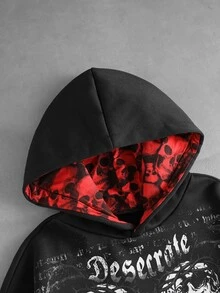 ROMWE MEN 男士深色哥德風印花撞色寬鬆連帽衛衣 - 黑色 - 查看 2