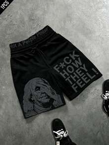 Manfinity Roghcode Men's Versatile Slogan Print Drawstring Waist Pocket Shorts Wide Leg Beach Vacation Black Graphic Summer Streetwear - Black - View 1