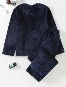 青少年男孩極簡寬鬆時尚格紋字母印花長褲長袖舒適2件式居家服套裝 抓絨加厚 秋冬度假款 - 寶藍色 - 查看 2