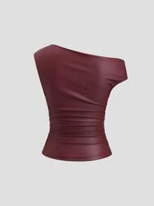 Sweetra Women's Leather Metal Decor Casual Fashion Top - Burgundy - View 2