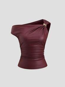 Sweetra Women's Leather Metal Decor Casual Fashion Top - Burgundy - View 1