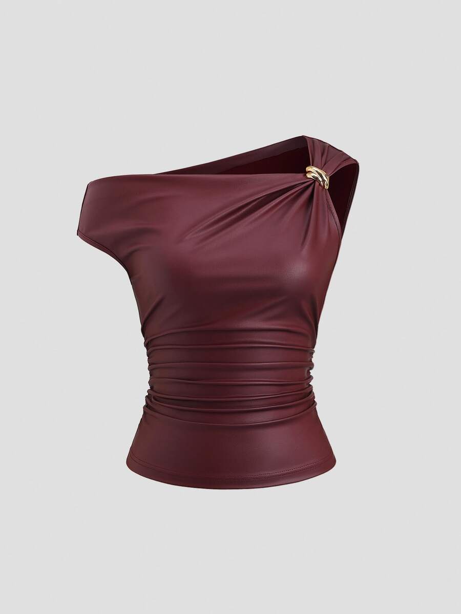 Sweetra Women's Leather Metal Decor Casual Fashion Top - Burgundy - View 1