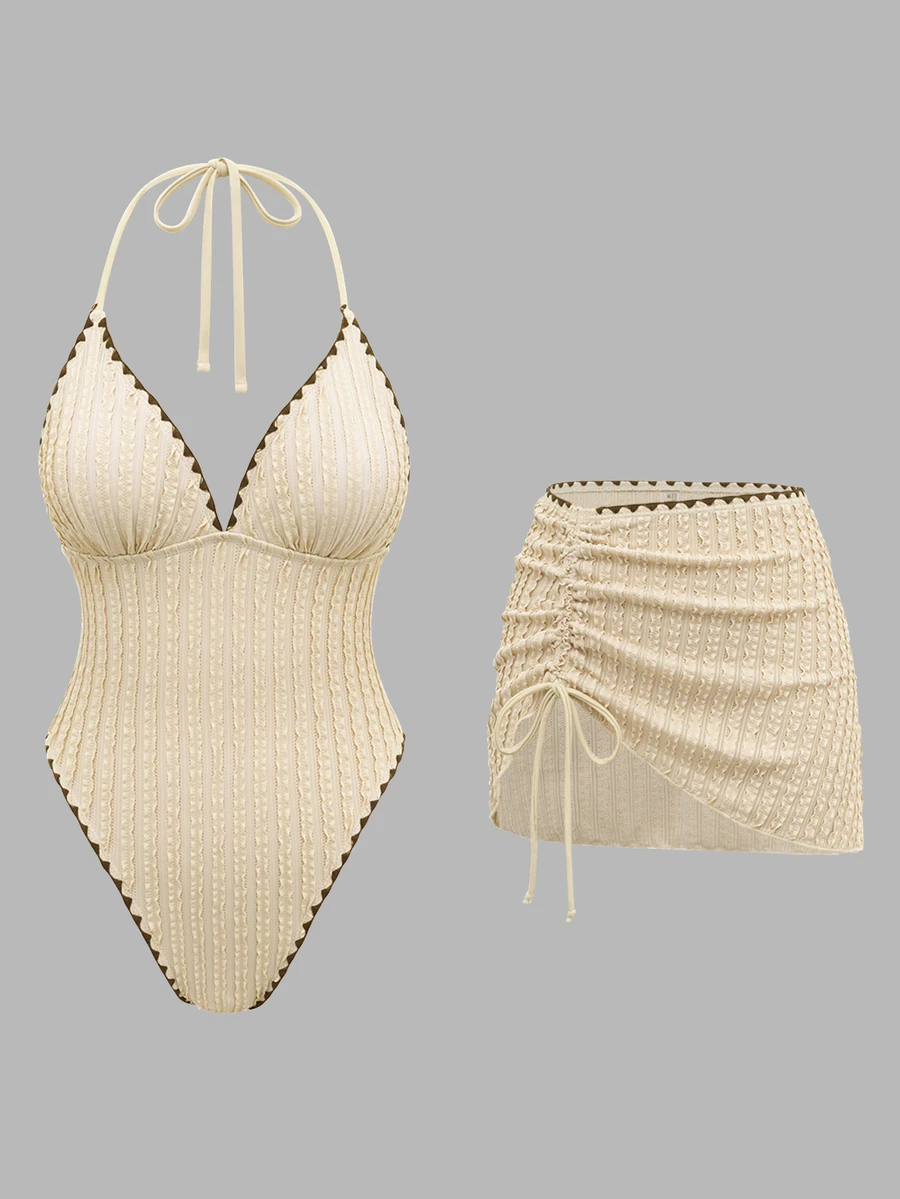 Swim Oasis Women's Solid Color Triangle Bikini Top With Shell Chain Random Design, Spaghetti Straps, One-Piece Swimsuit With Skirt, 2 Pieces Swimsuit Beige Summer - Apricot - View 1