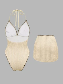 Swim Oasis Women's Solid Color Triangle Bikini Top With Shell Chain Random Design, Spaghetti Straps, One-Piece Swimsuit With Skirt, 2 Pieces Swimsuit Beige Summer - Apricot - View 3