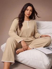 Lazeform Plus Size Women's Khaki Round Neck Half-Button Front Contrast Trim Soft Fleece Elastic Comfortable Casual Long Sleeve Pants Set - Khaki - View 8