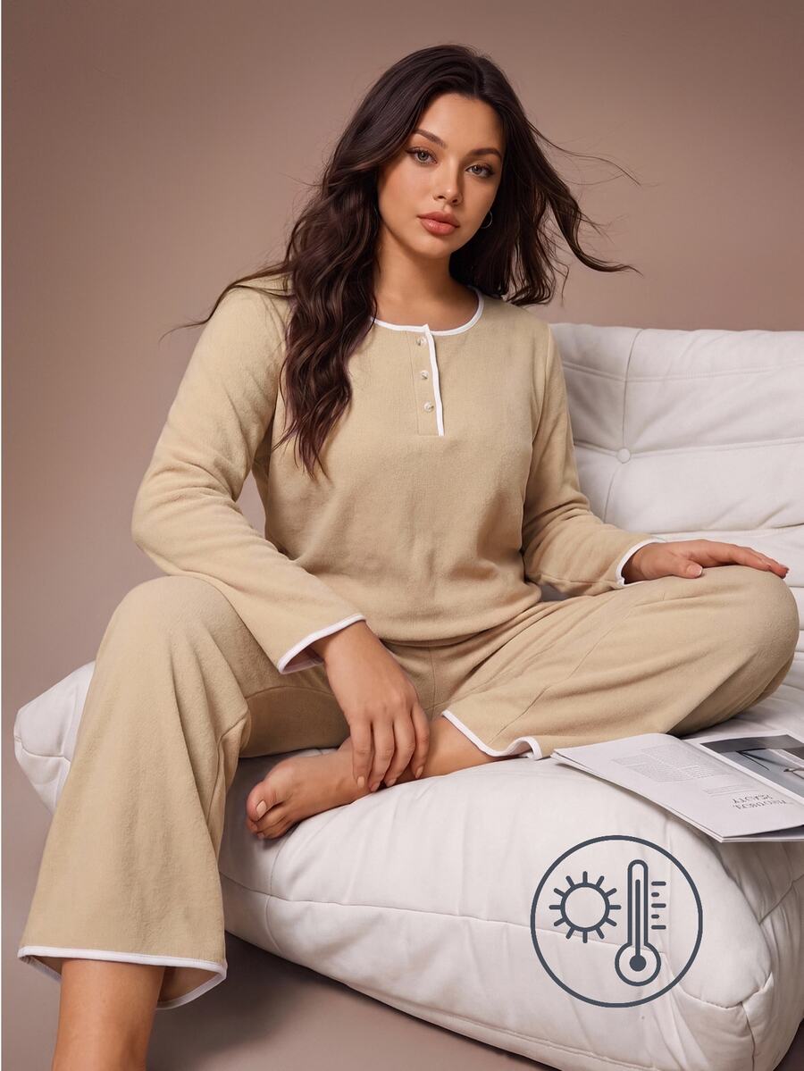 Lazeform Plus Size Women's Khaki Round Neck Half-Button Front Contrast Trim Soft Fleece Elastic Comfortable Casual Long Sleeve Pants Set - Khaki - View 1