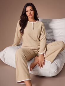 Lazeform Plus Size Women's Khaki Round Neck Half-Button Front Contrast Trim Soft Fleece Elastic Comfortable Casual Long Sleeve Pants Set - Khaki - View 4