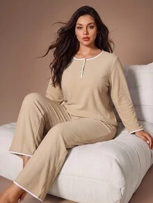 Lazeform Plus Size Women's Khaki Round Neck Half-Button Front Contrast Trim Soft Fleece Elastic Comfortable Casual Long Sleeve Pants Set - Khaki - View 5