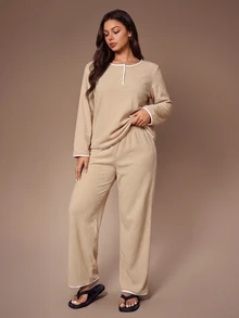 Lazeform Plus Size Women's Khaki Round Neck Half-Button Front Contrast Trim Soft Fleece Elastic Comfortable Casual Long Sleeve Pants Set - Khaki - View 7
