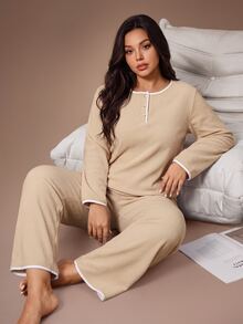 Lazeform Plus Size Women's Khaki Round Neck Half-Button Front Contrast Trim Soft Fleece Elastic Comfortable Casual Long Sleeve Pants Set - Khaki - View 6