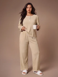 Lazeform Plus Size Women's Khaki Round Neck Half-Button Front Contrast Trim Soft Fleece Elastic Comfortable Casual Long Sleeve Pants Set - Khaki - View 2