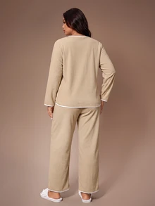 Lazeform Plus Size Women's Khaki Round Neck Half-Button Front Contrast Trim Soft Fleece Elastic Comfortable Casual Long Sleeve Pants Set - Khaki - View 3