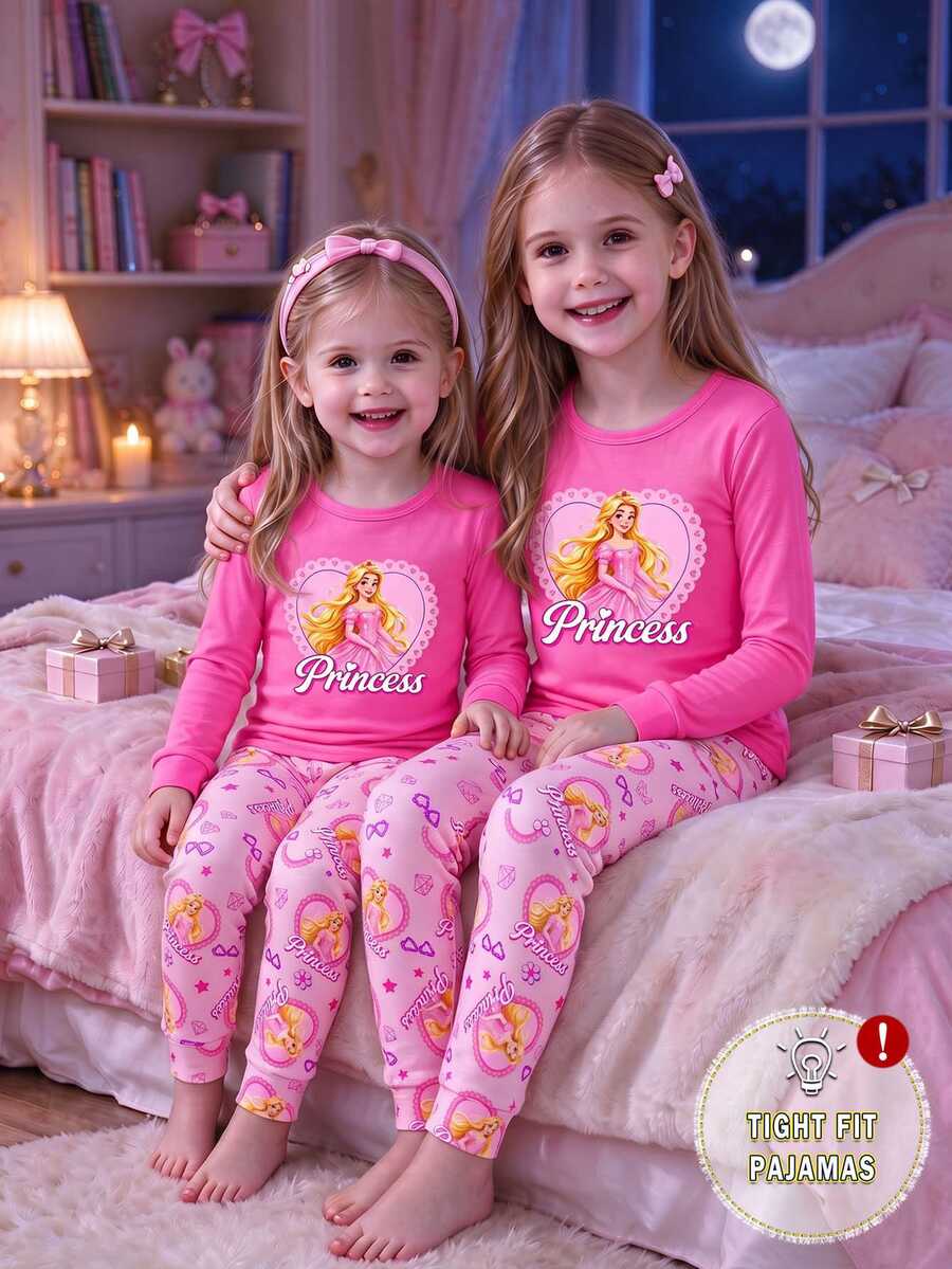 Tween Girls Pajamas 2 Pieces Set, Autumn/Winter New Hot-Selling Princess Pattern Allover Print Knit High-Elastic Round Neck Top And Full Print Long Pants, Snug Fit Loungewear, 1 Set, Size Is Snug Fit, Recommend Ordering One Size Up - Grey - View 1