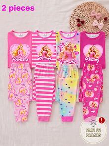 Tween Girls Pajamas 2 Pieces Set, Autumn/Winter New Hot-Selling Princess Pattern Allover Print Knit High-Elastic Round Neck Top And Full Print Long Pants, Snug Fit Loungewear, 1 Set, Size Is Snug Fit, Recommend Ordering One Size Up - Grey - View 5