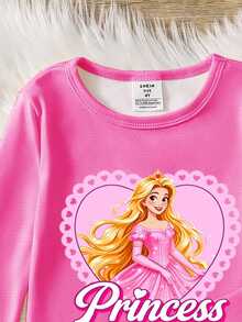 Tween Girls Pajamas 2 Pieces Set, Autumn/Winter New Hot-Selling Princess Pattern Allover Print Knit High-Elastic Round Neck Top And Full Print Long Pants, Snug Fit Loungewear, 1 Set, Size Is Snug Fit, Recommend Ordering One Size Up - Grey - View 4
