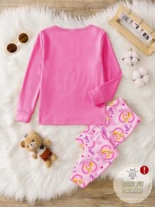 Tween Girls Pajamas 2 Pieces Set, Autumn/Winter New Hot-Selling Princess Pattern Allover Print Knit High-Elastic Round Neck Top And Full Print Long Pants, Snug Fit Loungewear, 1 Set, Size Is Snug Fit, Recommend Ordering One Size Up - Grey - View 2