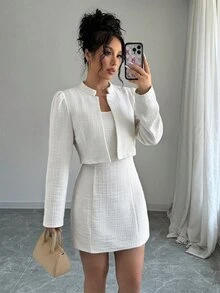 SHEIN Clasi Women's French Collar Short Jacket & Bodycon Tank Dress 2 Pieces Set - White - View 6