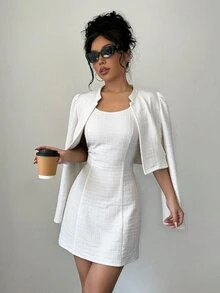 SHEIN Clasi Women's French Collar Short Jacket & Bodycon Tank Dress 2 Pieces Set - White - View 4