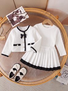 SHEIN Baby Girl Bow Decor Contrast Color Long Sleeve Jacket And Skirt 2 Pieces Set - Black and White - View 9