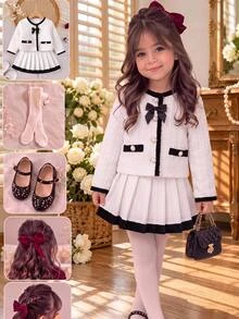SHEIN Baby Girl Bow Decor Contrast Color Long Sleeve Jacket And Skirt 2 Pieces Set - Black and White - View 1