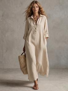 Islaluna Women's Casual Daily Vacation Outing Beige Short Sleeve Loose Button-Up Bohemian Style Dress Fall - Khaki - View 2