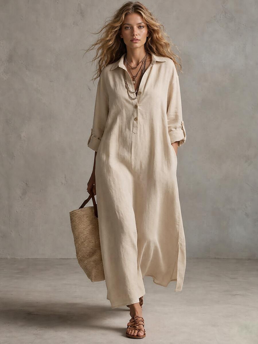Islaluna Women's Casual Daily Vacation Outing Beige Short Sleeve Loose Button-Up Bohemian Style Dress Fall