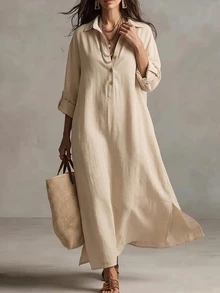 Islaluna Women's Casual Daily Vacation Outing Beige Short Sleeve Loose Button-Up Bohemian Style Dress Fall - Khaki - View 4