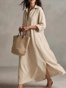 Islaluna Women's Casual Daily Vacation Outing Beige Short Sleeve Loose Button-Up Bohemian Style Dress Fall - Khaki - View 5