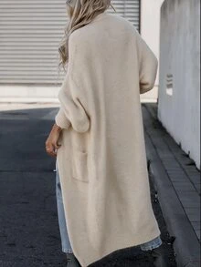 Breezaya Early Fall Old Money Long Duster Knit Cardigan, Minimalist Casual Open Front Cream Sweater With Pockets, Relaxed Lazy Fit For Commute Everyday Travel - Apricot - View 2