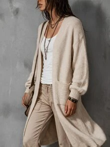Breezaya Early Fall Old Money Long Duster Knit Cardigan, Minimalist Casual Open Front Cream Sweater With Pockets, Relaxed Lazy Fit For Commute Everyday Travel - Apricot - View 6